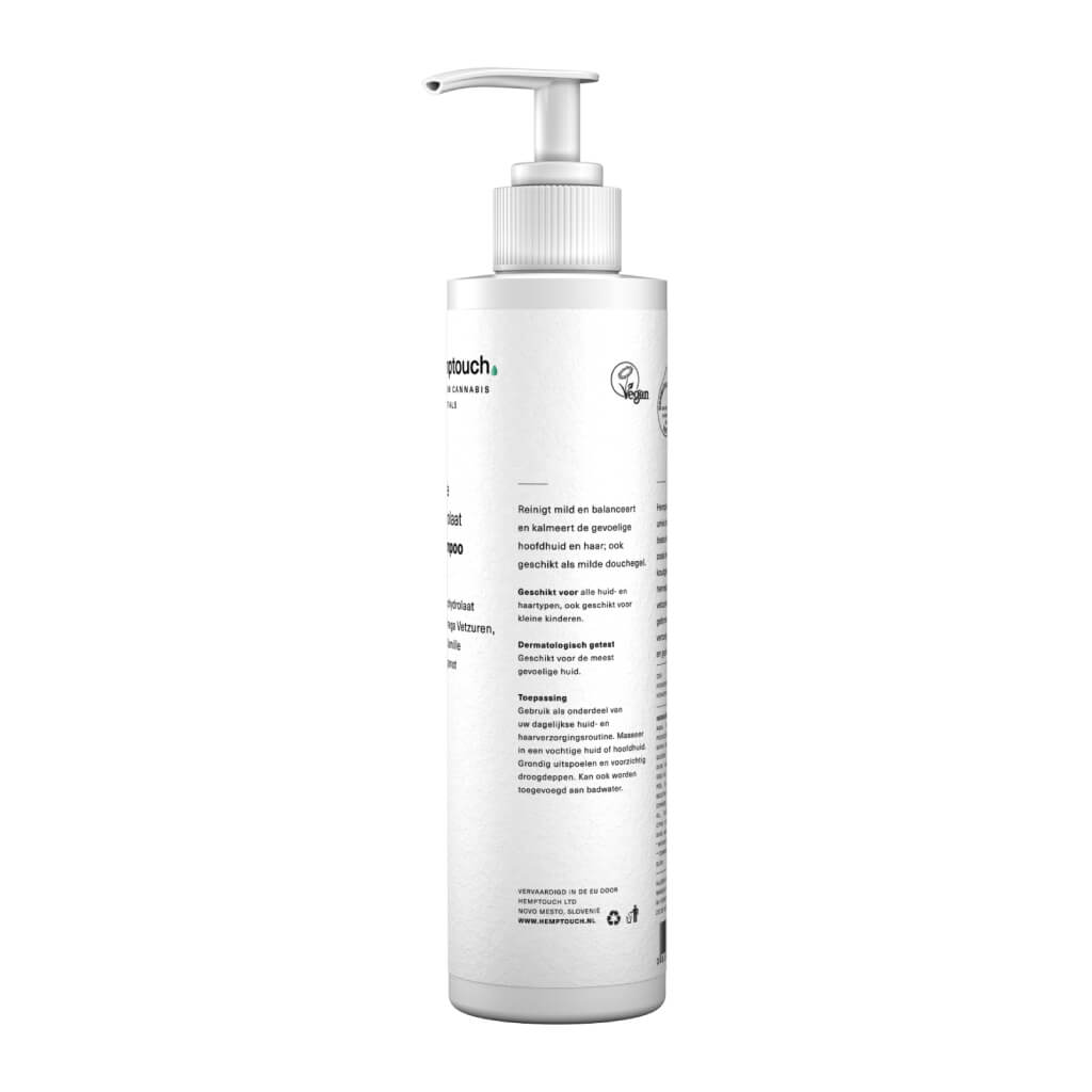 Une bouteille de gel douche shampooing Hemptouch (250 ml) avec un bouchon blanc sur fond blanc.