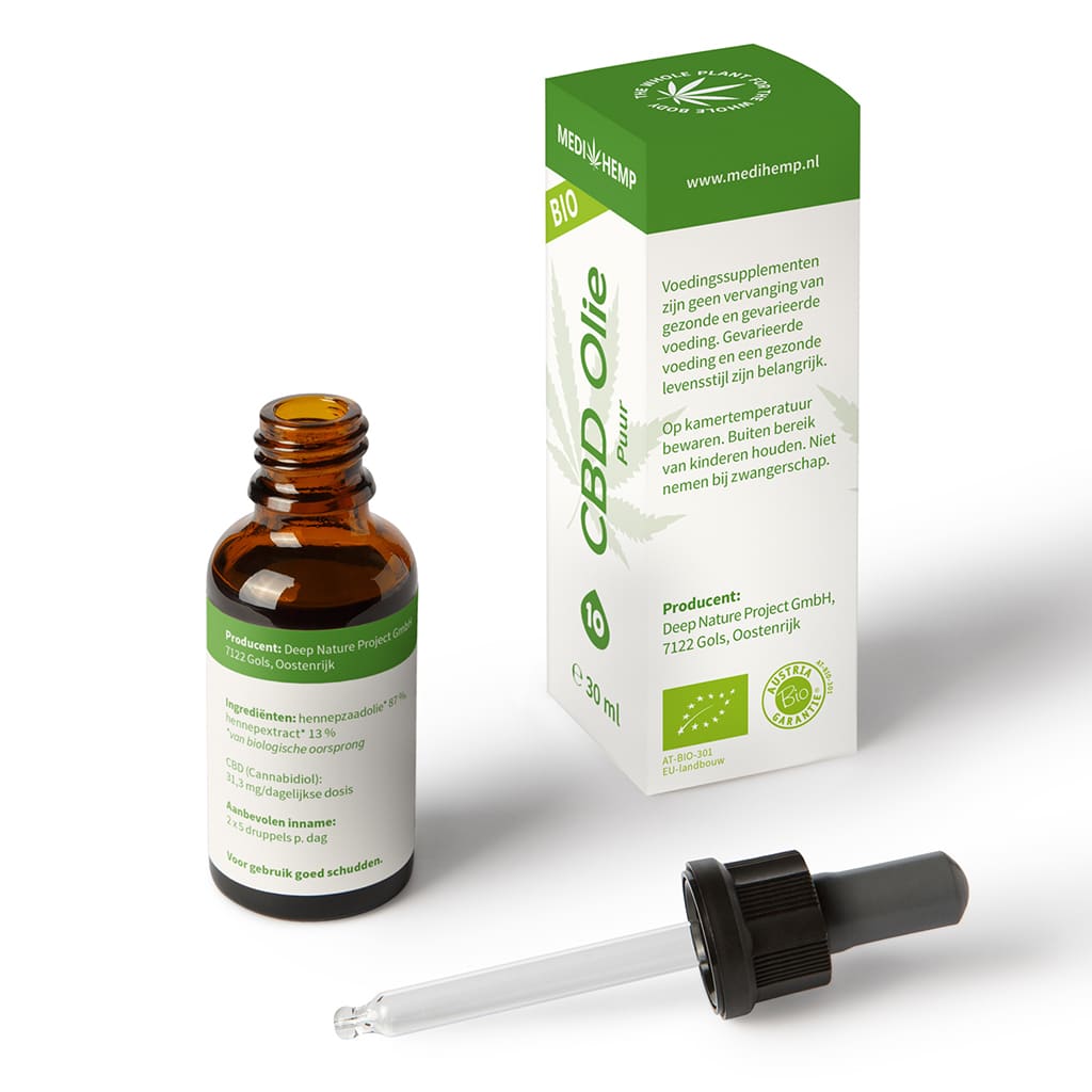 Une bouteille de Medihemp Huile de CBD Pure 10% (30ml) à côté d'une boîte.