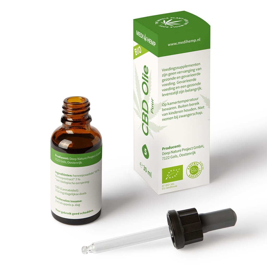 Une bouteille de Medihemp Huile de CBD Pure 5% (30ml) à côté d'une boîte.