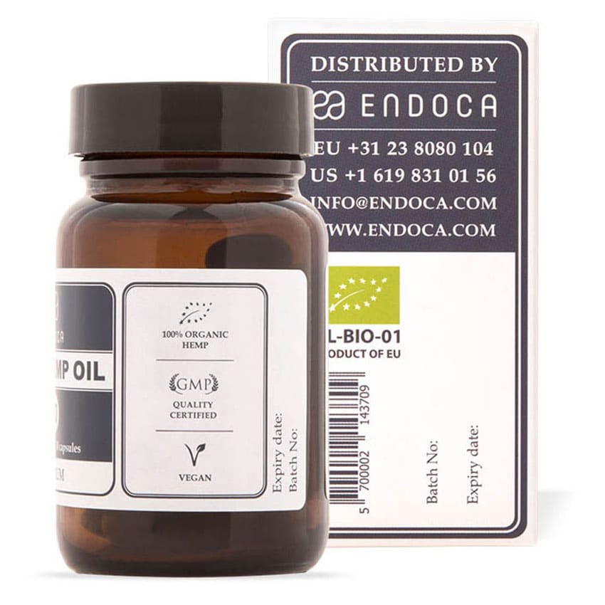 Une bouteille d'Endoca Capsules de CBD 3% (30 pcs) à côté d'une boîte.