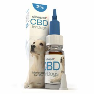 Un flacon d'Huile CBD 2% de Cibapet pour chiens (10ml) à côté d'une boîte.