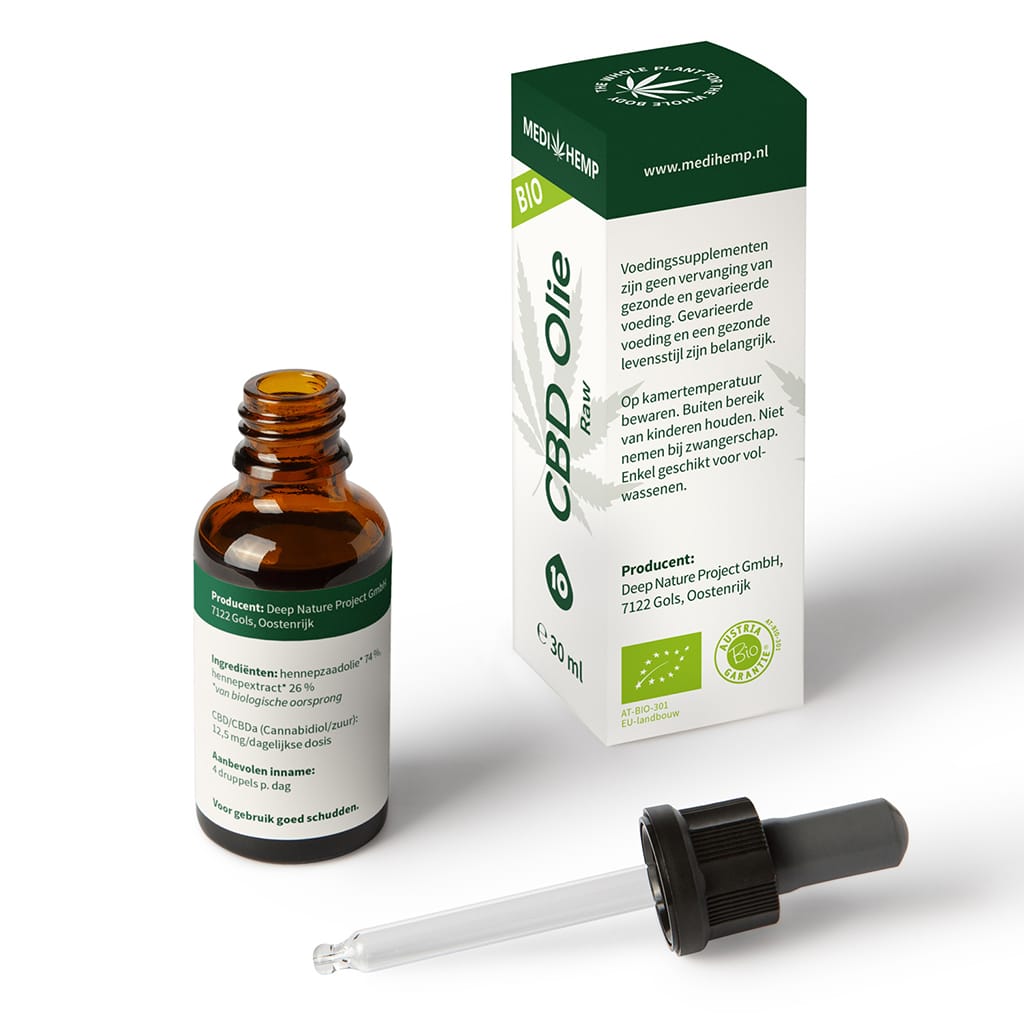 Une bouteille d'huile Medihemp Huile de CBD RAW 10 % (30 ml) à côté d'une boîte.