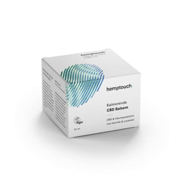 Une boîte d'onguent Hemptouch avec CBD pour la peau irrité (50 ml/50 mg) sur fond blanc.