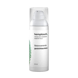 Une bouteille de crème de visage apaisante Hemptouch avec CBD (50 ml/50 mg) sur fond blanc.