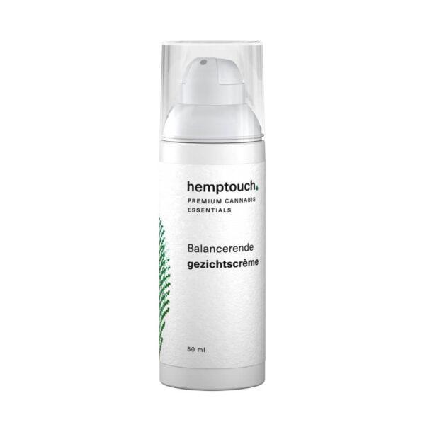 Une bouteille de crème de visage apaisante Hemptouch avec CBD (50 ml/50 mg) sur fond blanc.