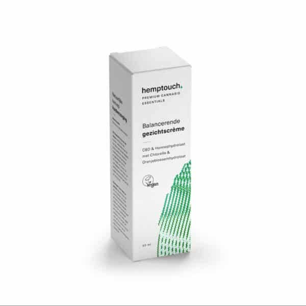 Une boîte de crème de visage apaisante Hemptouch avec CBD (50 ml/50 mg) sur fond blanc.