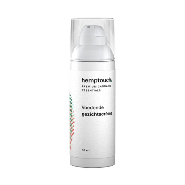 Une bouteille de Hemptouch Crème de visage nourrissante avec CBD (50 ml/50 mg) sur fond blanc.