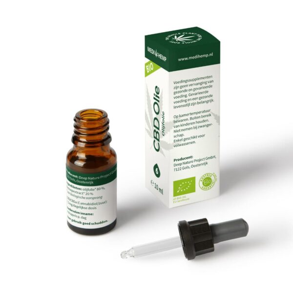 Une bouteille de Medihemp Huile d’olive 6% CBD (10ml) à côté d’une boîte.