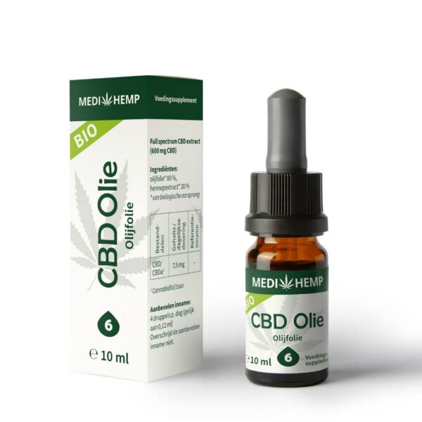 Medihemp Huile d’olive 6% CBD (10ml) avec une boîte à côté.