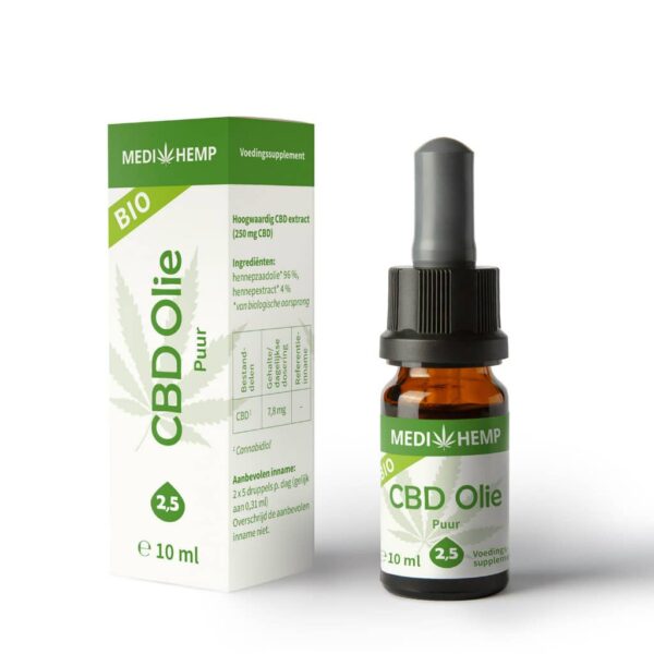 Medihemp Huile de CBD Pure 2,5% (10ml) avec boîte et coffret.