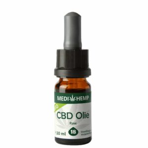 Une bouteille de Medihemp Huile de CBD RAW 18 % (10 ml) sur fond blanc.