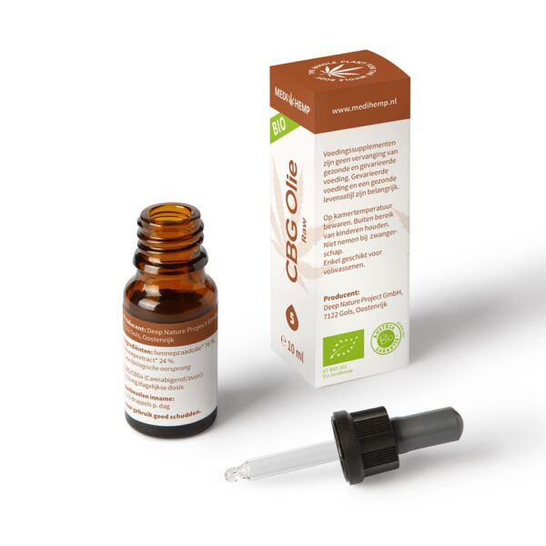 Un flacon de Medihemp Huile de CBG (cannabigérol) 5% (10ml) à côté d'une boîte.