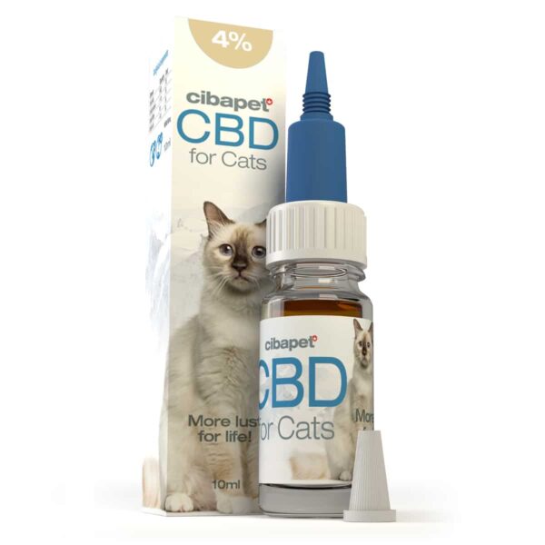 Un flacon d'Huile CBD 4% de Cibapet pour chats (10ml) à côté d'une boîte.