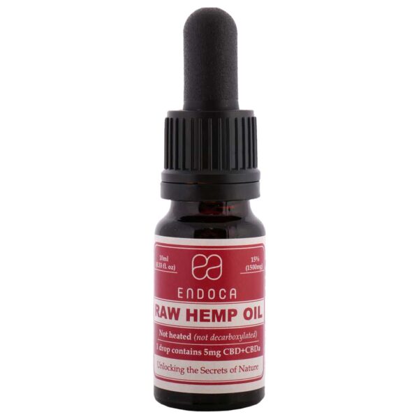 Un flacon d'Endoca Huile de CBD 15% (10 ml) avec une étiquette dessus.