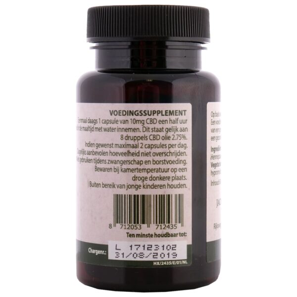 Une bouteille de capsules Jacob Hooy CBD (60 pièces – 10 mg) sur fond blanc.
