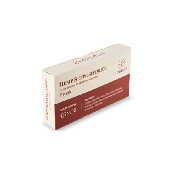 Une boîte de Suppositoires CBD de Endoca (10*50 mg) sur fond blanc.